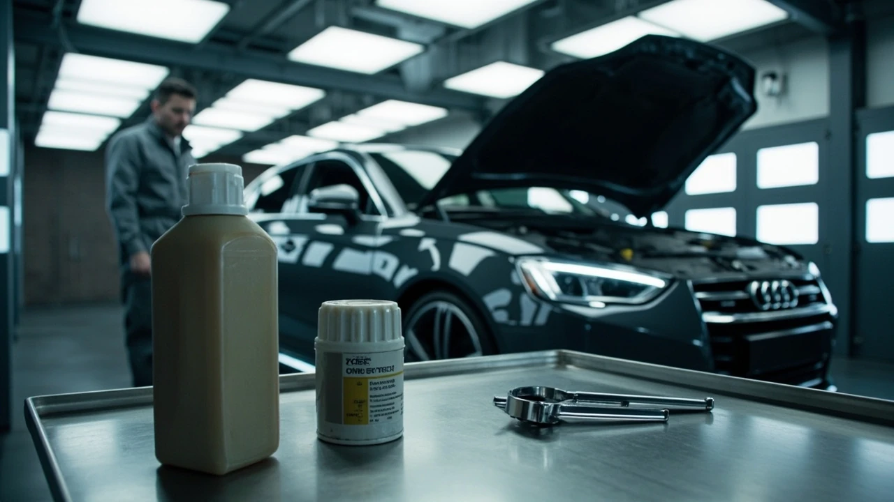 Mercedes oil change service being performed in a workshop