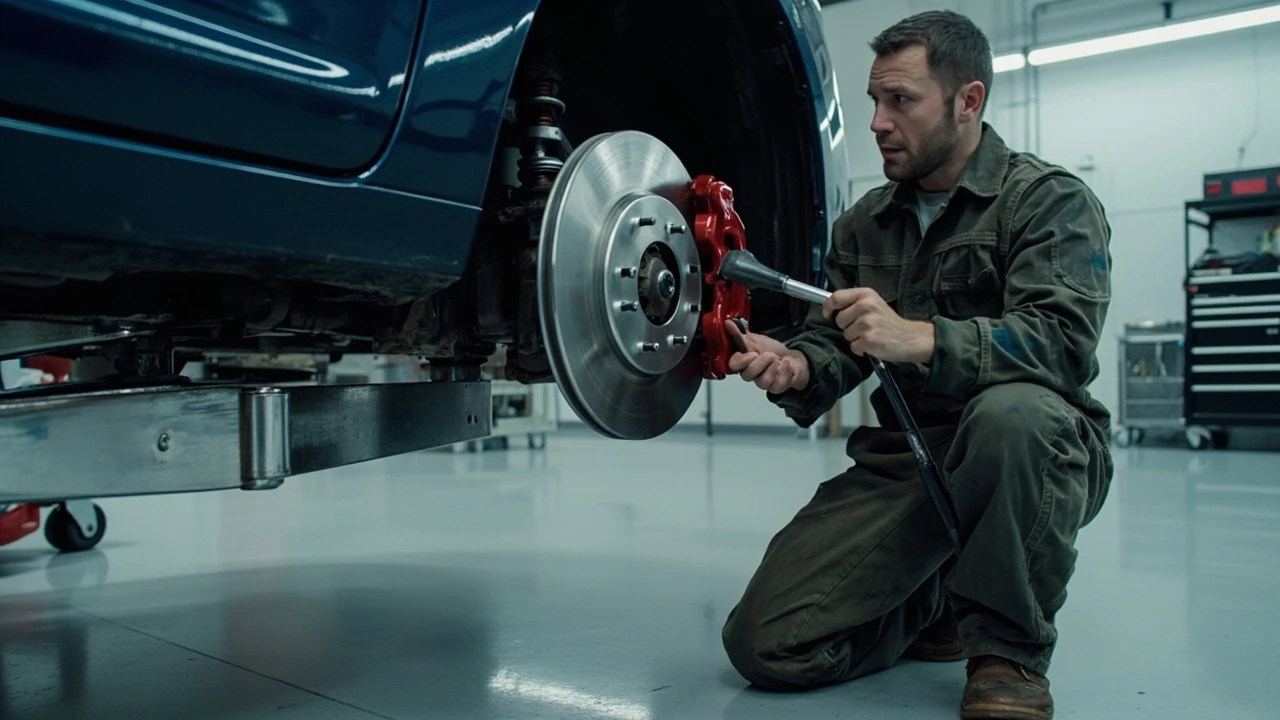 Mechanic performing brakes service on a car's front wheel