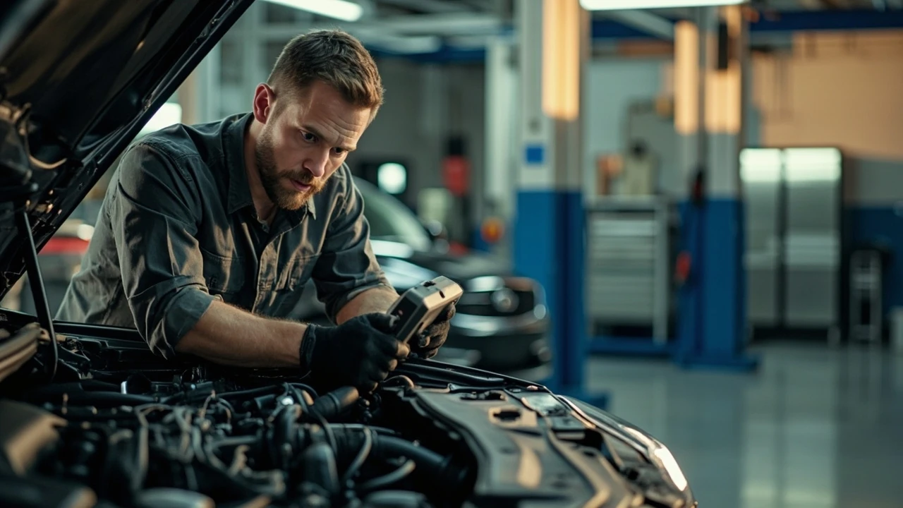 Mechanic performing auto services on a vehicle in a service bay