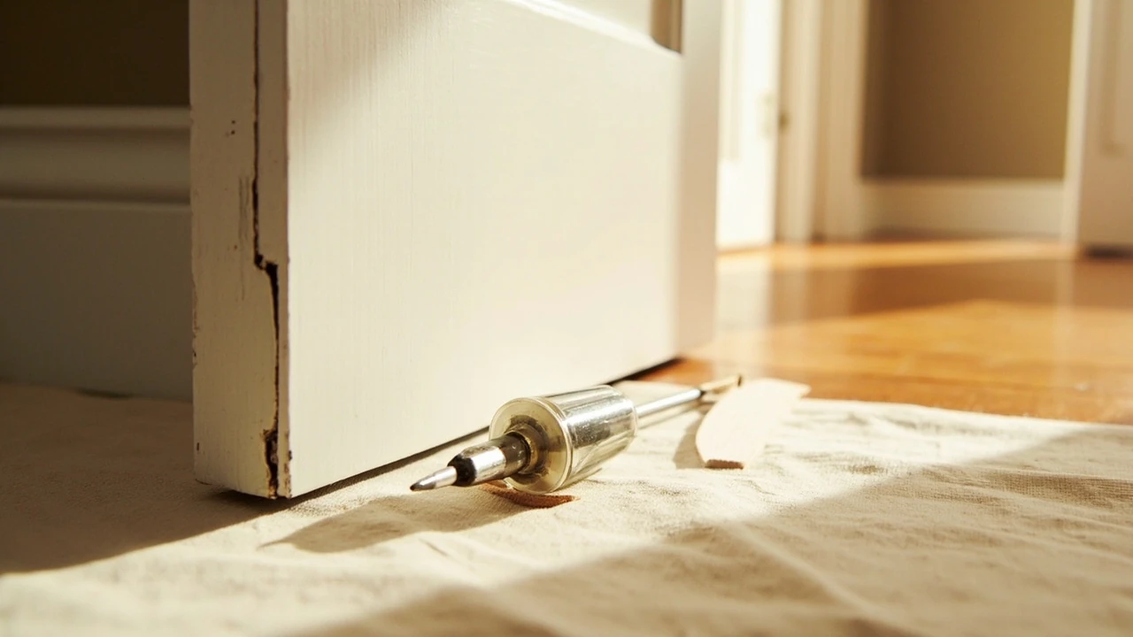 Homeowner inspecting a sagging interior door to plan a fix