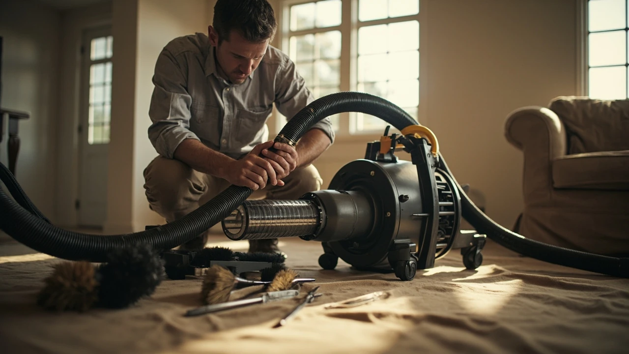 Technician performing home air duct cleaning services on residential HVAC system